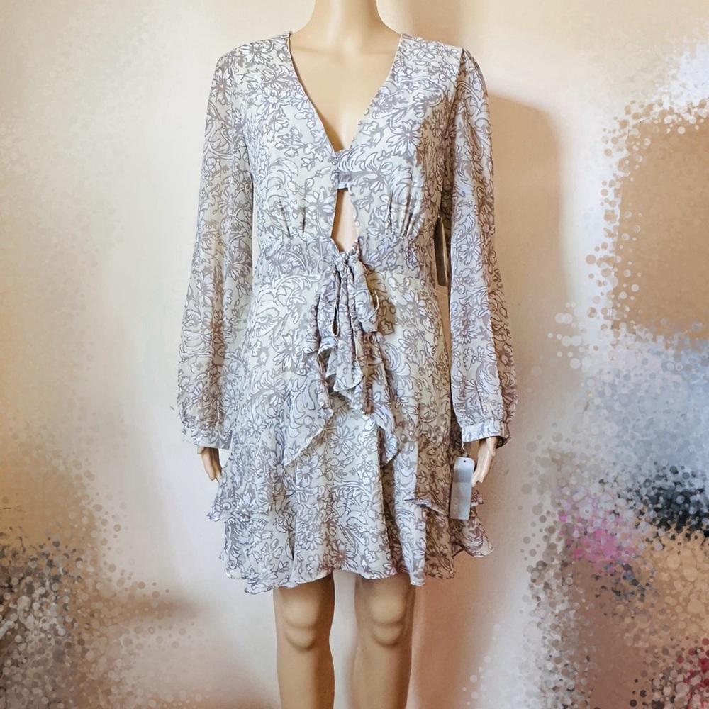 RD Style Long Sleeve Deep V Cut-Out Ruffle Tie Wedding Mini dress YELLOW Size M